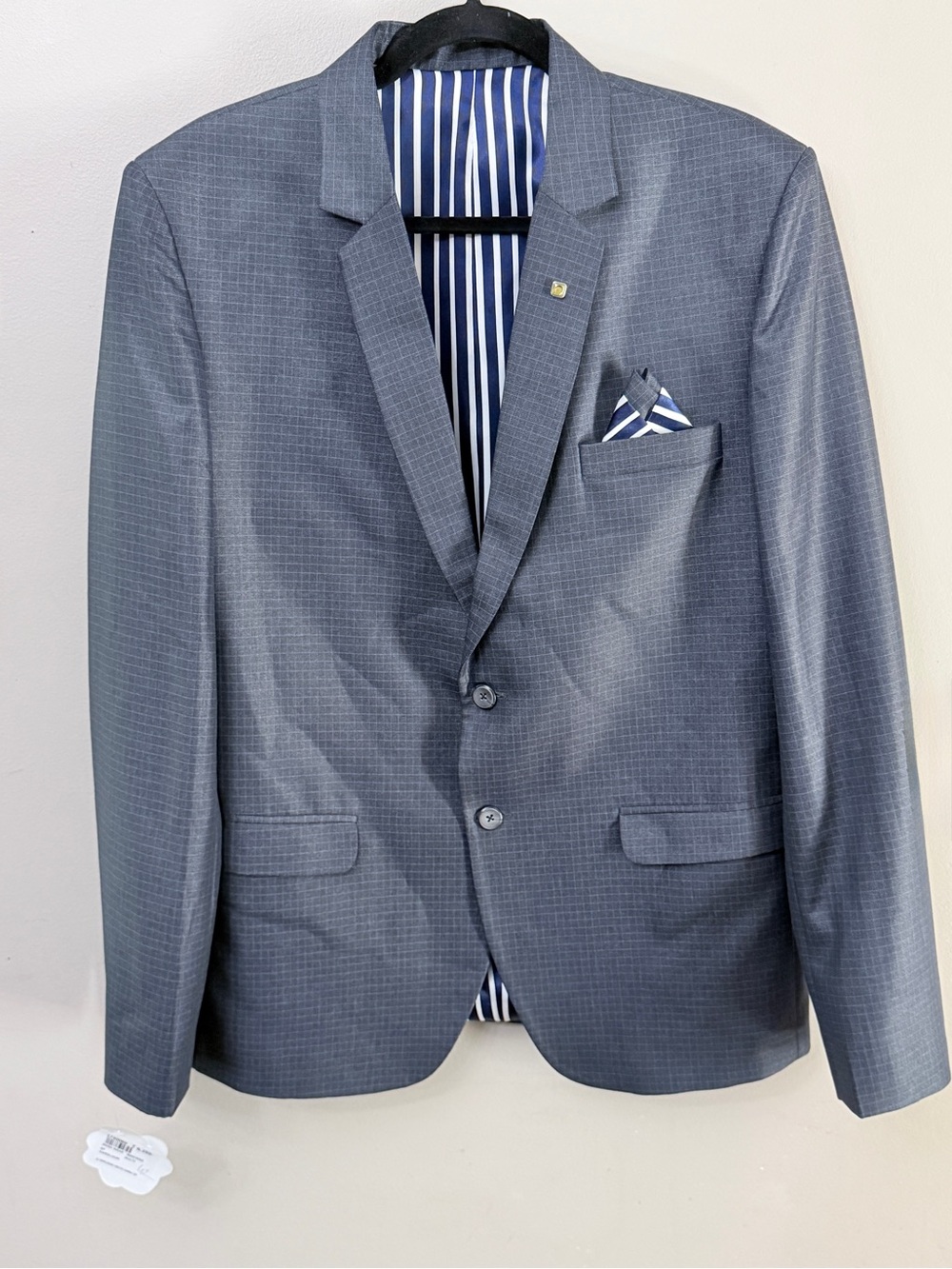 CINNIC Slim Fit 2-Piece Suit Grid Blazer & Pants Set Grey Blue Size 42